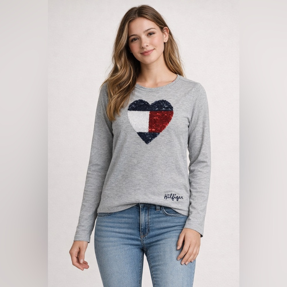 Tommy Hilfiger Girls XL Gray Sequin Heart Long‎ Sleeve Tee Cotton